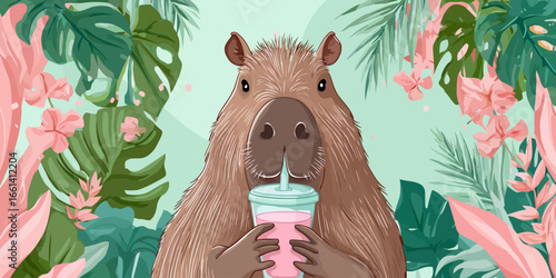 A cute, furry brown capybara holding a pink smoothie in a plastic cup with a straw.