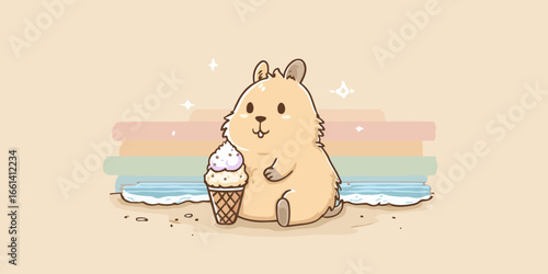 Adorable chubby capybara character sitting happily with a delicious ice cream cone.