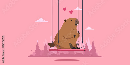 A chubby brown groundhog with closed eyes and buck teeth relaxing contentedly on a pink swing.