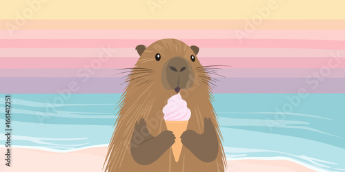 Cute cartoon capybara with shaggy brown fur holding a pink swirled ice cream cone.