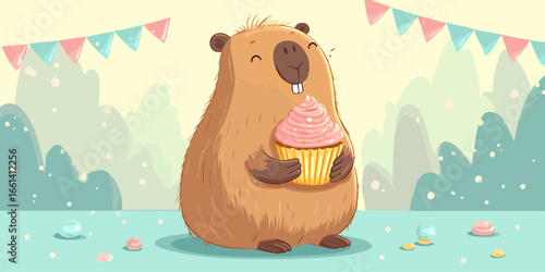 Happy cartoon groundhog with shaggy brown fur and buck teeth, holding a cupcake with pink frosting.
