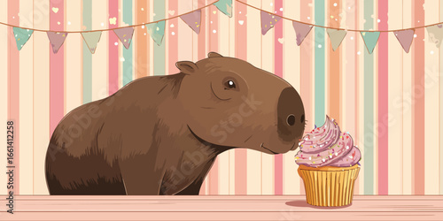 An adorable illustrated brown capybara gently smelling a sweet cupcake with pink swirled frosting and colorful sprinkles.