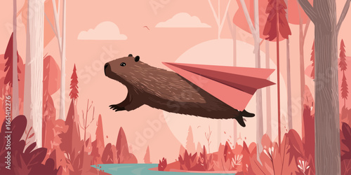 Heroic flying capybara with a red paper airplane cape soaring through the air.