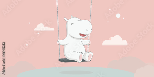 A joyful white cartoon hippopotamus with a sweet smile sitting on a chain swing.