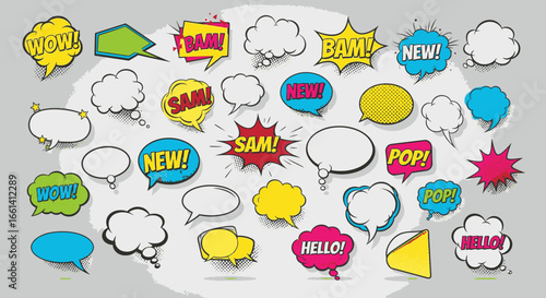 Vibrant comic book speech bubbles pop with excitement, conveying messages like WOW, BAM, NEW, POP, HELLO!