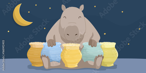 Charming gray hippopotamus with a content expression, sitting among a row of colorful, textured pots.