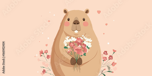 Adorable cartoon groundhog with rosy cheeks and buck teeth, smiling while holding a bouquet of pink and white flowers.