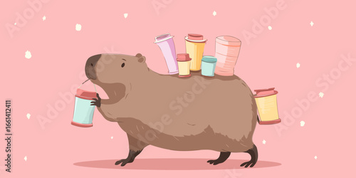 Cute cartoon capybara walking with a drink and carrying many colorful tumblers on its back.