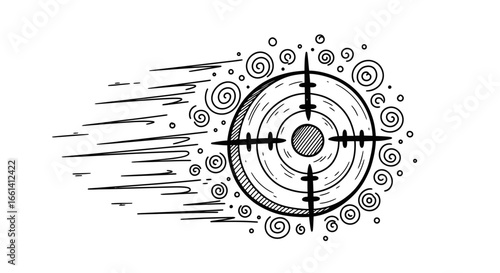 Dynamic target with motion lines and swirling decorative elements, symbolizing focus and speed
