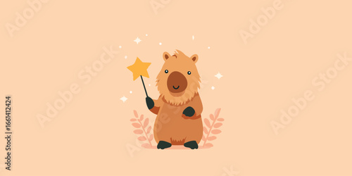 Charming cartoon capybara wizard holding a magical yellow star wand