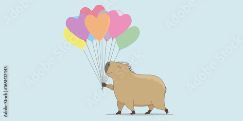 A cute cartoon capybara with a happy expression walking and holding colorful heart balloons.