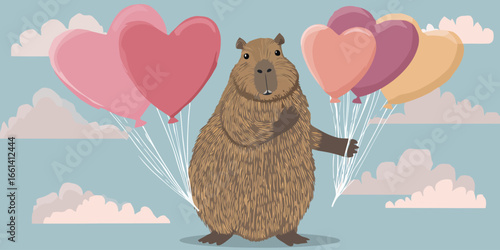 Adorable cartoon capybara with textured brown fur holding colorful heart-shaped balloons.