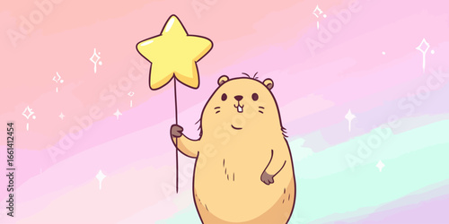 A smiling, chubby cartoon gopher with buck teeth holding a large yellow star wand.