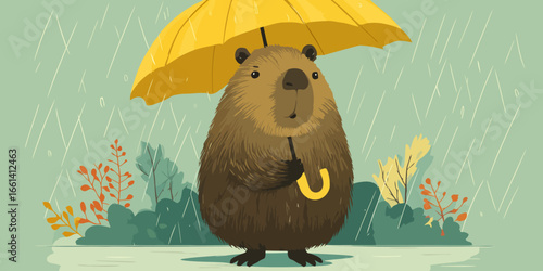 A cute, furry brown beaver character with a content expression holding a bright yellow umbrella.