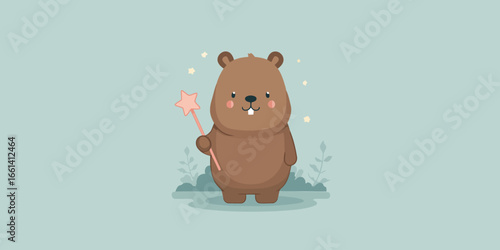 Adorable cartoon beaver with buck teeth holding a pink star magic wand.