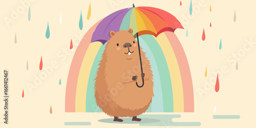 Adorable fluffy brown capybara with a happy smile holding a vibrant rainbow umbrella.