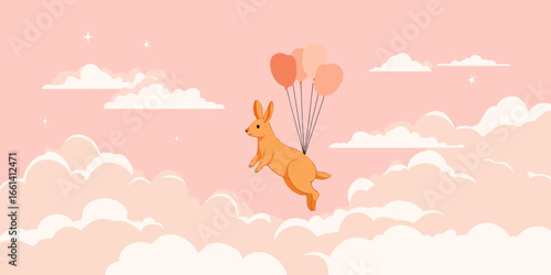 A cute orange cartoon kangaroo floating gracefully while being lifted by a bunch of balloons.