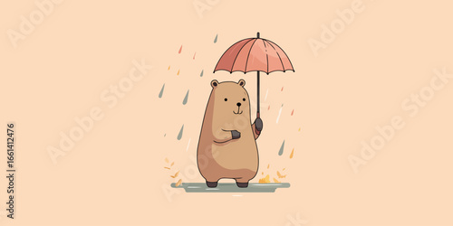 A cute, stylized brown bear character holding a pink umbrella during a gentle autumn rain shower.