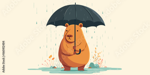 Charming cartoon bear with a gentle smile holding a large black umbrella in the rain.