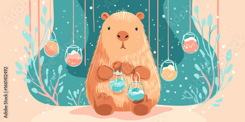 Illustrated friendly capybara with textured fur holding two small glass orbs.
