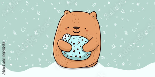 A cute, chubby brown cartoon bear with a happy smile, hugging a speckled blue pillow.