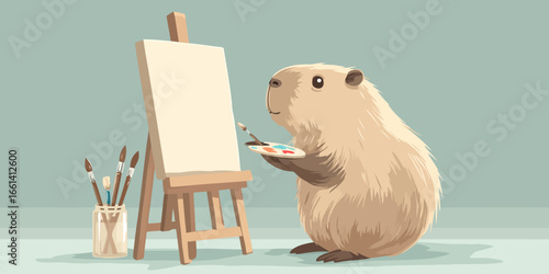 Illustrated shaggy capybara artist holding a colorful palette and brush, painting on a canvas.