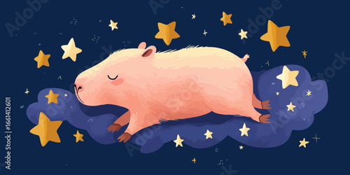A cute cartoon capybara with a serene expression sleeping peacefully on a starry blue cloud.