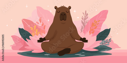 Illustrated brown capybara meditating peacefully in a cross-legged lotus pose with closed eyes.