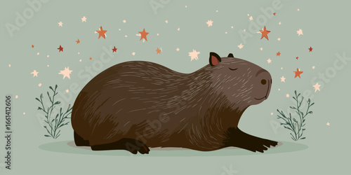 Charming illustrated brown capybara resting peacefully with closed eyes and textured fur.