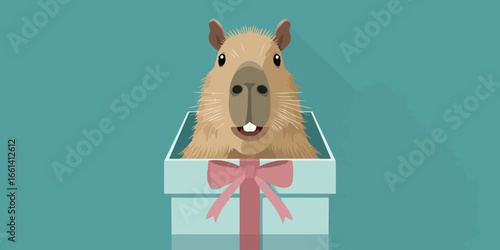 Smiling cartoon capybara with shaggy fur and big teeth popping out of a gift box with a pink bow.