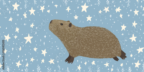 Stylized illustration of a calm brown capybara with textured shaggy fur looking upwards.