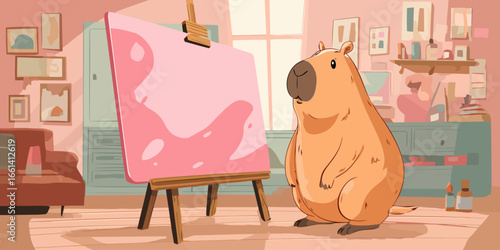 Cute cartoon capybara artist standing proudly next to a pink canvas on a wooden easel.