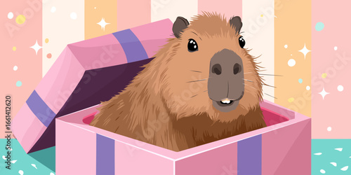 Cute cartoon capybara with brown fur smiling inside a pink gift box.