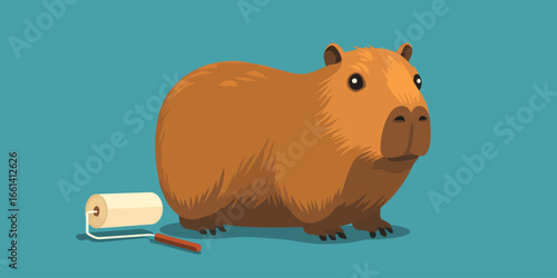 A charming vector illustration of a shaggy brown capybara standing beside a paint roller.