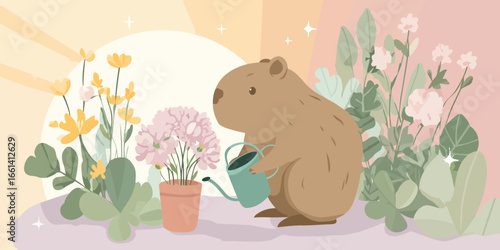 Cute brown capybara gardener holding a teal watering can, tending to pink potted flowers.
