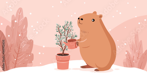 A charming cartoon capybara with a gentle smile watering a small potted tree with a pink watering can.