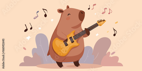 Cute cartoon capybara with a happy expression playing a yellow electric guitar, surrounded by musical notes.