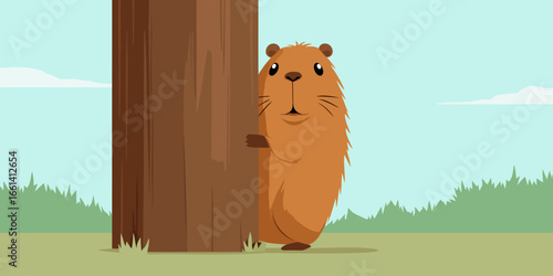 Cute cartoon groundhog with big eyes and whiskers peeking shyly from behind a tree trunk.