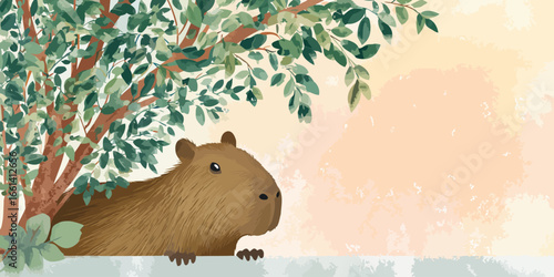 Artistic illustration of a cute brown capybara peeking from under a leafy green tree.