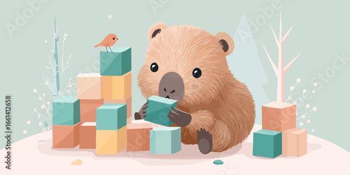 Charming illustrated capybara with shaggy fur playing with colorful pastel toy blocks.