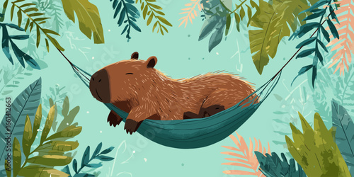 A peaceful, illustrated brown capybara with shaggy fur napping contentedly in a hanging teal hammock.