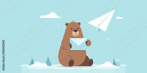 Adorable cartoon brown bear with shaggy fur, sitting and holding a light blue mail envelope.