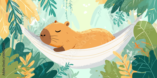 Adorable orange capybara with closed eyes resting comfortably in a simple white hammock.