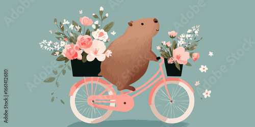 A charming brown capybara with a gentle smile rides a pink bicycle carrying baskets of flowers.