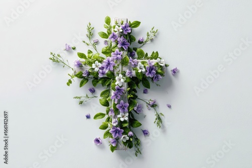 White wooden cross adorned with purple and white flowers and greenery (1)