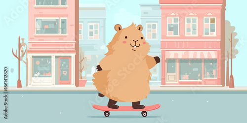 A cheerful, fluffy brown groundhog character with a happy smile, riding a pink skateboard and waving.
