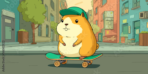 A cute, chubby cartoon hamster wearing a green baseball cap while riding a turquoise skateboard.