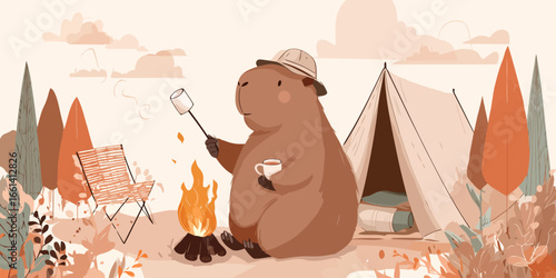 Cute cartoon capybara in a hat roasting a marshmallow by a campfire at a campsite.