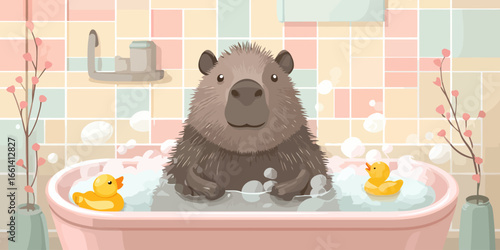 A cute, furry capybara relaxing in a pink bathtub full of bubbles with two yellow rubber ducks.