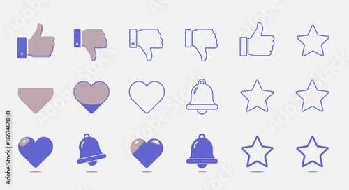 Various social media reaction icons displayed in a grid, featuring thumbs, hearts, bells, and stars.